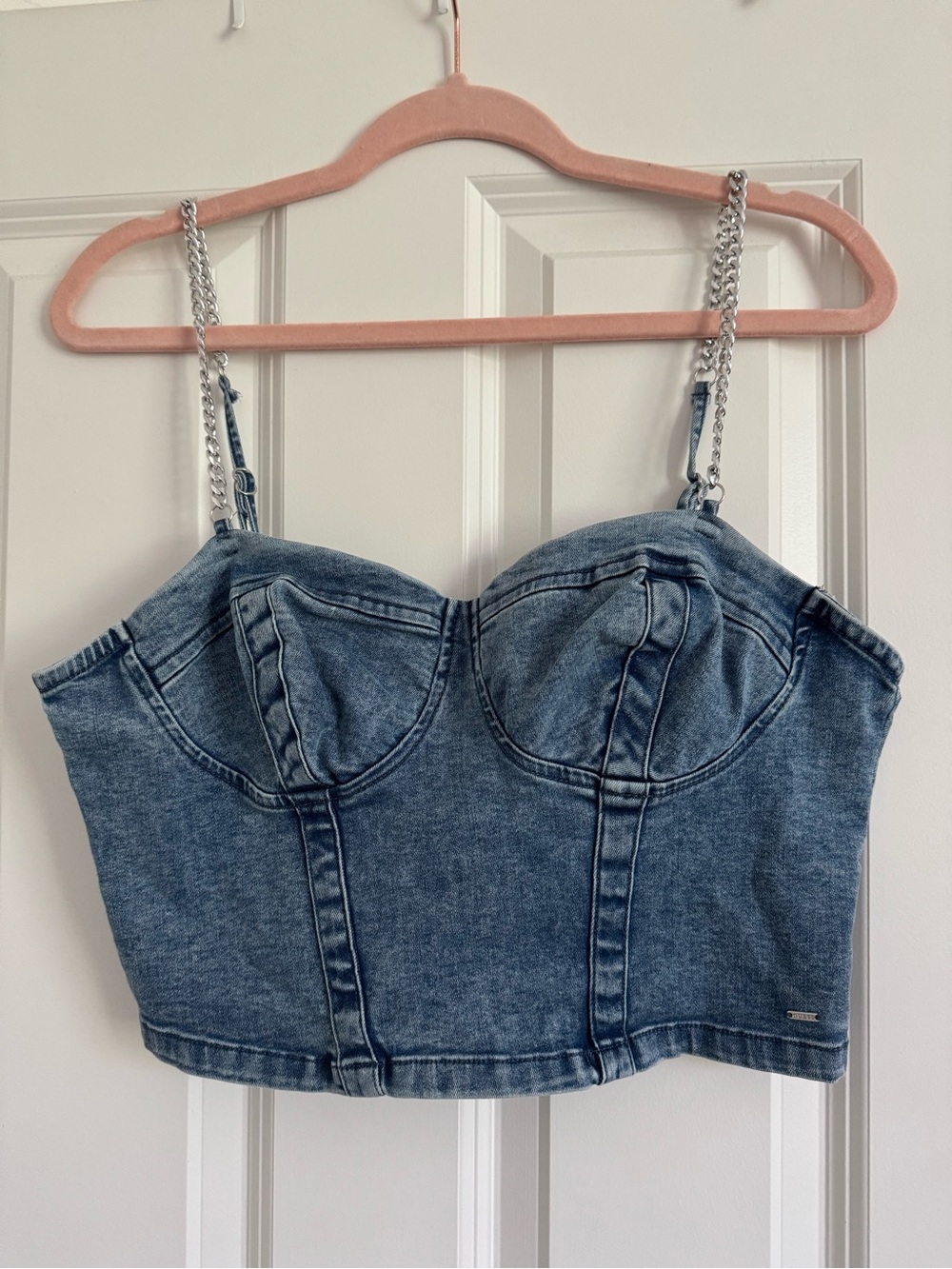 Guess Blue Denim Corset Crop Top with Chain Straps